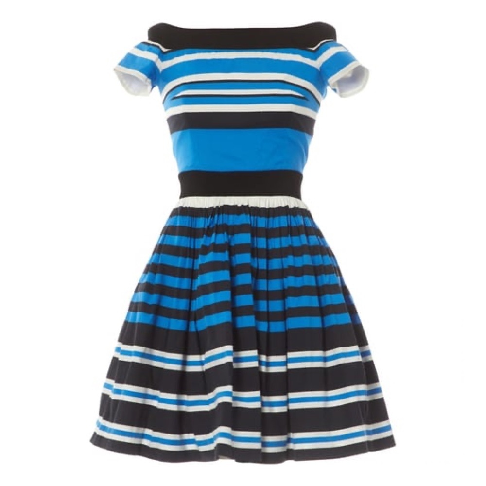 Prada Blue Black White Striped Off-Shoulder Mini Dress